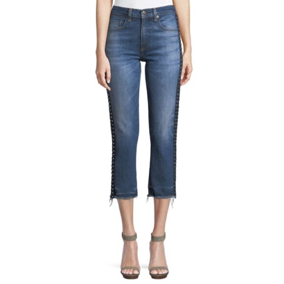 VERONICA BEARD 'Ines' Girlfriend Rhinestone-Side Crop Jeans, Faded Blue Wash - Picture 2 of 6